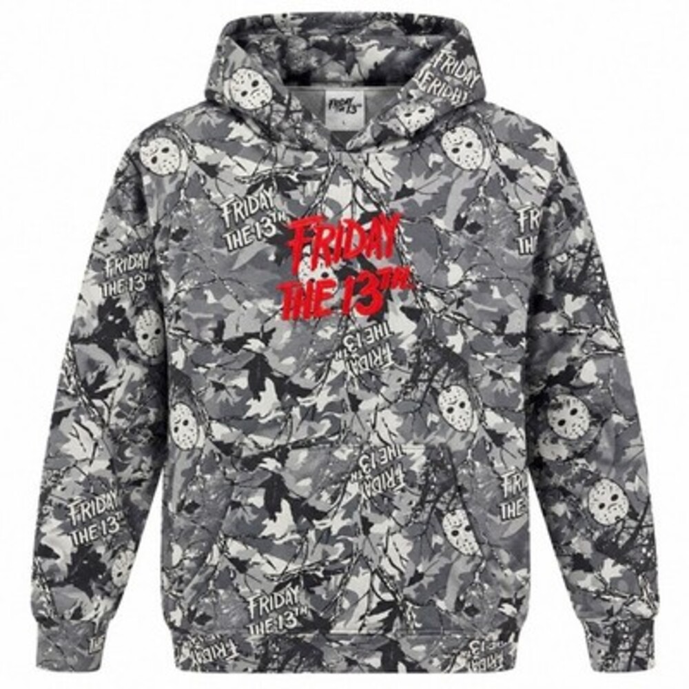 Friday the 13th Jason Voorhees Camo Hoodie Mens L Gray Embroidered Fleece NWT